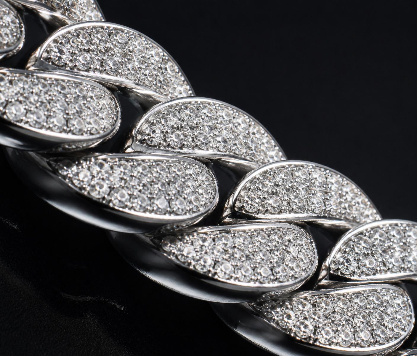 Macro close-up of pavé-set iced Cuban links